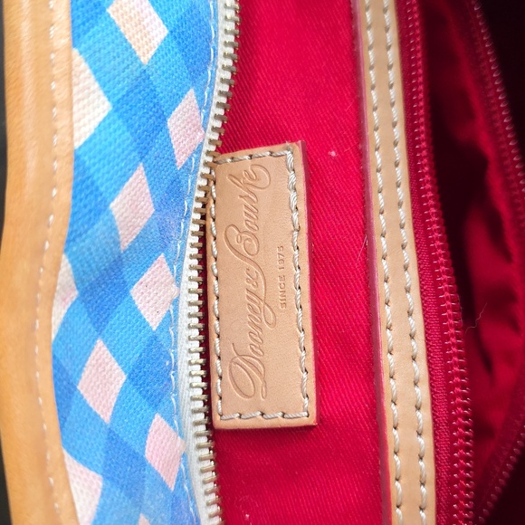 Dooney & Bourke Blue Zip Top Gingham Canvas Tote Shoulder Bag Tan Leather Accent - Picture 10 of 14